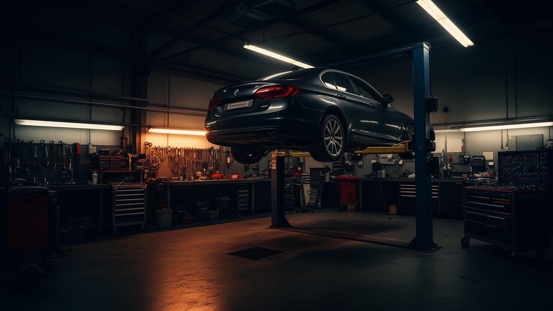 Fahrzeug auf der Hebebühne in der Werkstatt von Auto Service Walsum